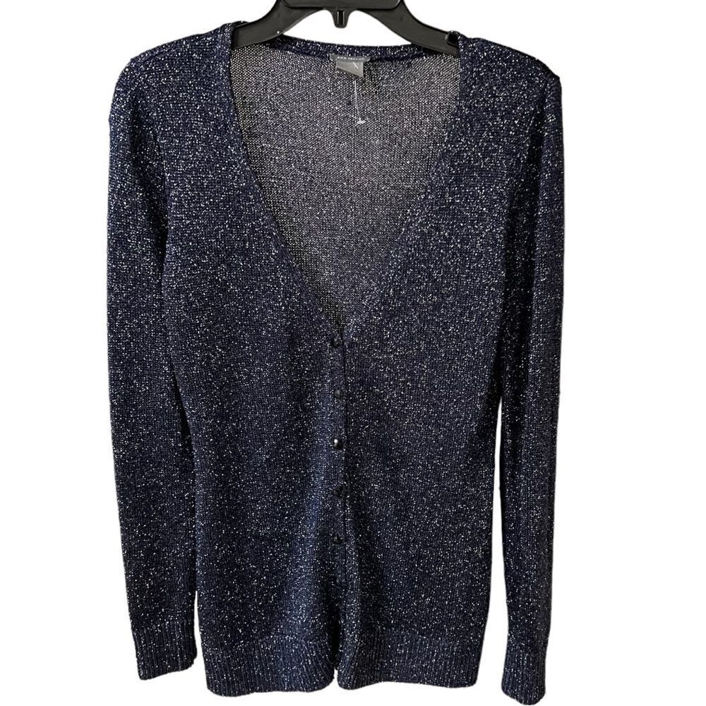 Ann Taylor holiday navy blue metallic threaded cardigan sweater women’s Small